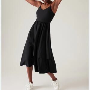 Athleta Black Elation V-Neck Hybrid Midi Dress Powervita Side Pockets - Large